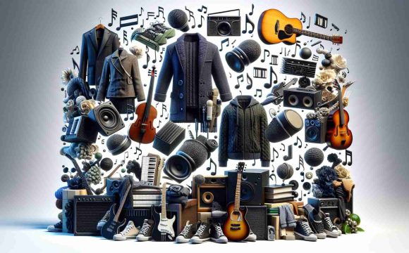 A high-definition, photo-realistic image of a concept named 'The Fusion of Sound and Style'. It represents a collection that blends elements from music and fashion, though devoid of any branding. It may include various stylish clothing items such as jackets or dresses, expression of notes and musical instruments, as well as a mood that resonates to the rhythm of music.