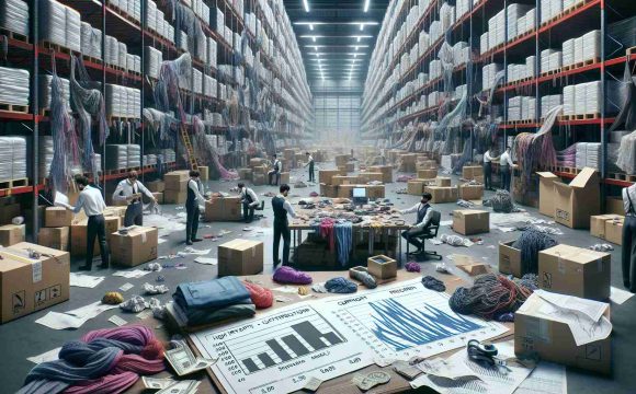 A high-definition, realistic image showcasing the challenges faced by the fashion industry in the export sector of the Marche region, Italy. The scene unfolds in a warehouse setting filled with racks of fashion merchandise ready for shipment. There is apparent disorder and stock overflows, symbolizing surplus production challenges. Several workers of diverse descents and genders are seen grappling with logistical issues, evident from tangled threads of route maps spread over a table. Inserts showing high import tariffs, currency fluctuations and transport delays are manifested in crumbled papers, a graph with decreasing trend and a clock respectively.