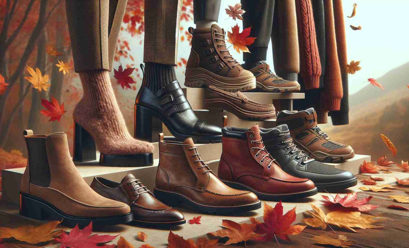 A high-definition, realistic image showcasing the latest trends in fall footwear. The roughly organized display shows a variety of shoes for the season. This includes ankle boots with chunky heels in earth tones, men's leather boots with elegant stitching, suede loafers for a South Asian woman, a pair of reliable hiking boots worn by a middle-aged Caucasian man, and athletic shoes for an active Black teenager. The scene is set against a backdrop of falling autumn leaves in vibrant hues of red, orange, and yellow, enhancing the overall fall setting.