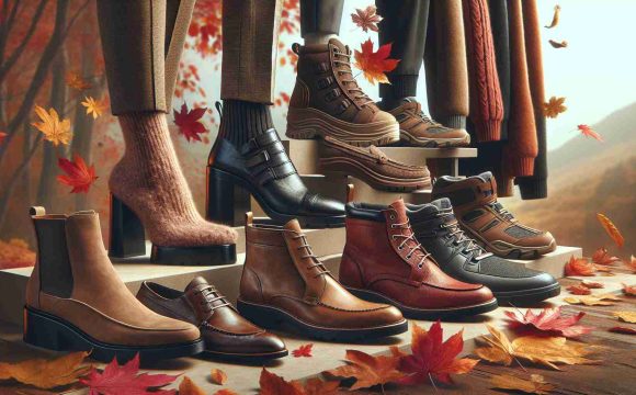 A high-definition, realistic image showcasing the latest trends in fall footwear. The roughly organized display shows a variety of shoes for the season. This includes ankle boots with chunky heels in earth tones, men's leather boots with elegant stitching, suede loafers for a South Asian woman, a pair of reliable hiking boots worn by a middle-aged Caucasian man, and athletic shoes for an active Black teenager. The scene is set against a backdrop of falling autumn leaves in vibrant hues of red, orange, and yellow, enhancing the overall fall setting.