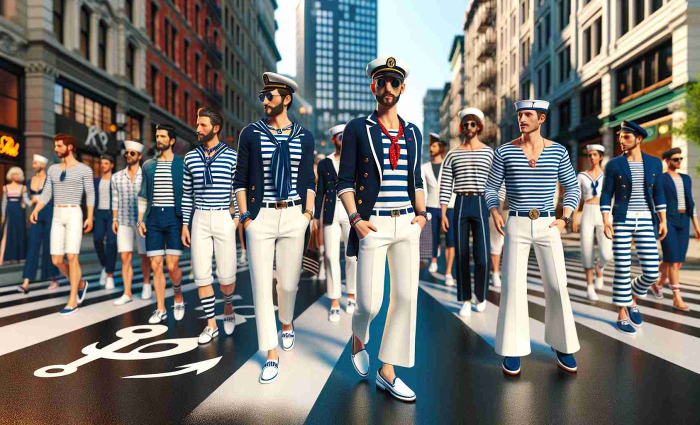 A high-definition, realistic image showcasing a vibrant scene where nautical-inspired fashion has taken over the streets. People of various genders and descents sporting sailor-themed outfits: striped shirts, navy blazers, white pants and bell bottom trousers, boating shoes, and hats typically associated with seafaring, like captain hats and sailor caps. The sidewalks filled with stylish pedestrians, while the street is adorned with playful, sea-related decorations such as anchors, ship wheels, and lifebuoys. This unexpected fashion trend gives the city an intriguing maritime charm.