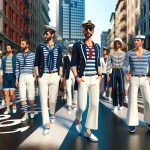 A high-definition, realistic image showcasing a vibrant scene where nautical-inspired fashion has taken over the streets. People of various genders and descents sporting sailor-themed outfits: striped shirts, navy blazers, white pants and bell bottom trousers, boating shoes, and hats typically associated with seafaring, like captain hats and sailor caps. The sidewalks filled with stylish pedestrians, while the street is adorned with playful, sea-related decorations such as anchors, ship wheels, and lifebuoys. This unexpected fashion trend gives the city an intriguing maritime charm.