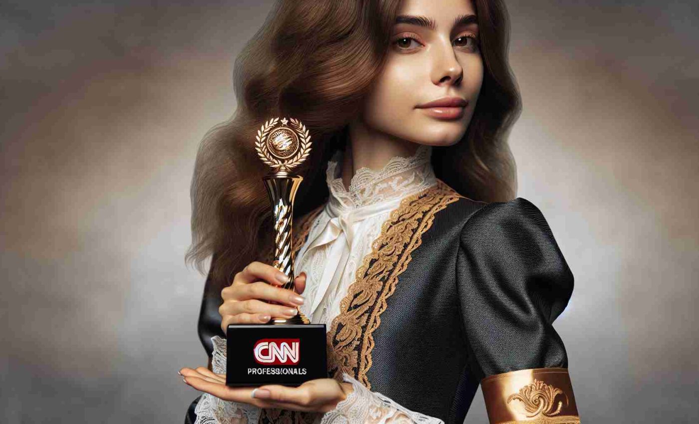 High-Resolution, realistic photo of a distinguished craftswoman, CNN Professionals, receiving a prestigious award for her craftsmanship. Featuring the craftswoman in elegant attire, holding a finely-crafted award trophy, with a proud and accomplished expression on her face.