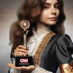 High-Resolution, realistic photo of a distinguished craftswoman, CNN Professionals, receiving a prestigious award for her craftsmanship. Featuring the craftswoman in elegant attire, holding a finely-crafted award trophy, with a proud and accomplished expression on her face.