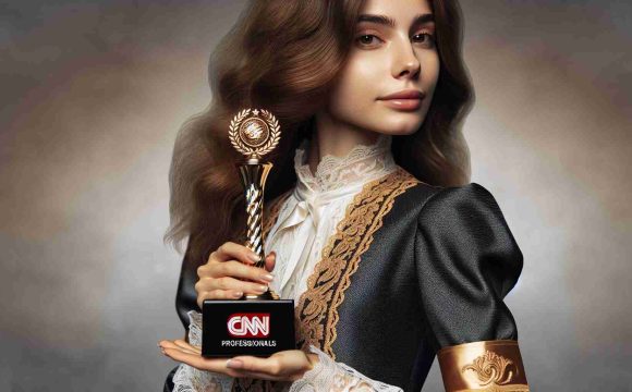 High-Resolution, realistic photo of a distinguished craftswoman, CNN Professionals, receiving a prestigious award for her craftsmanship. Featuring the craftswoman in elegant attire, holding a finely-crafted award trophy, with a proud and accomplished expression on her face.