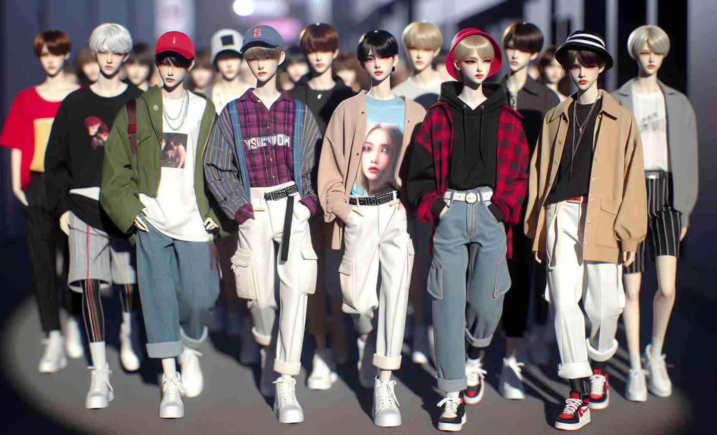 Realistic HD photo of fashion-forward K-Pop inspired characters strutting their style at international fashion events. The image could feature a few figures of various gender and descent in trendy K-Pop fashion. Capture a variety of looks – casual chic, high fashion, and street style. Please ensure the scene is lively and vibrant, befitting the global fanfare of fashion weeks.