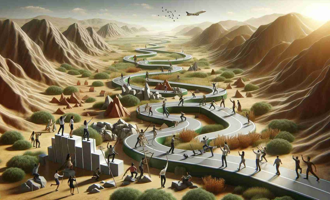 A high-definition, realistic image representing a diverse journey to success. The image could feature a winding road traversing varied landscapes, symbolizing hurdles and challenges to overcome. Passing through these landscapes, there could be men and women of various descents such as Caucasian, Hispanic, Black, Middle-Eastern, and South Asian, each contributing their unique abilities to overcome an obstacle along the path, representing teamwork and unity. Some could be planning the path with maps, some could be building bridges over obstacles, and others might be motivating their team. Each person's success is a step forward in the communal journey, demonstrating progress and achievement.