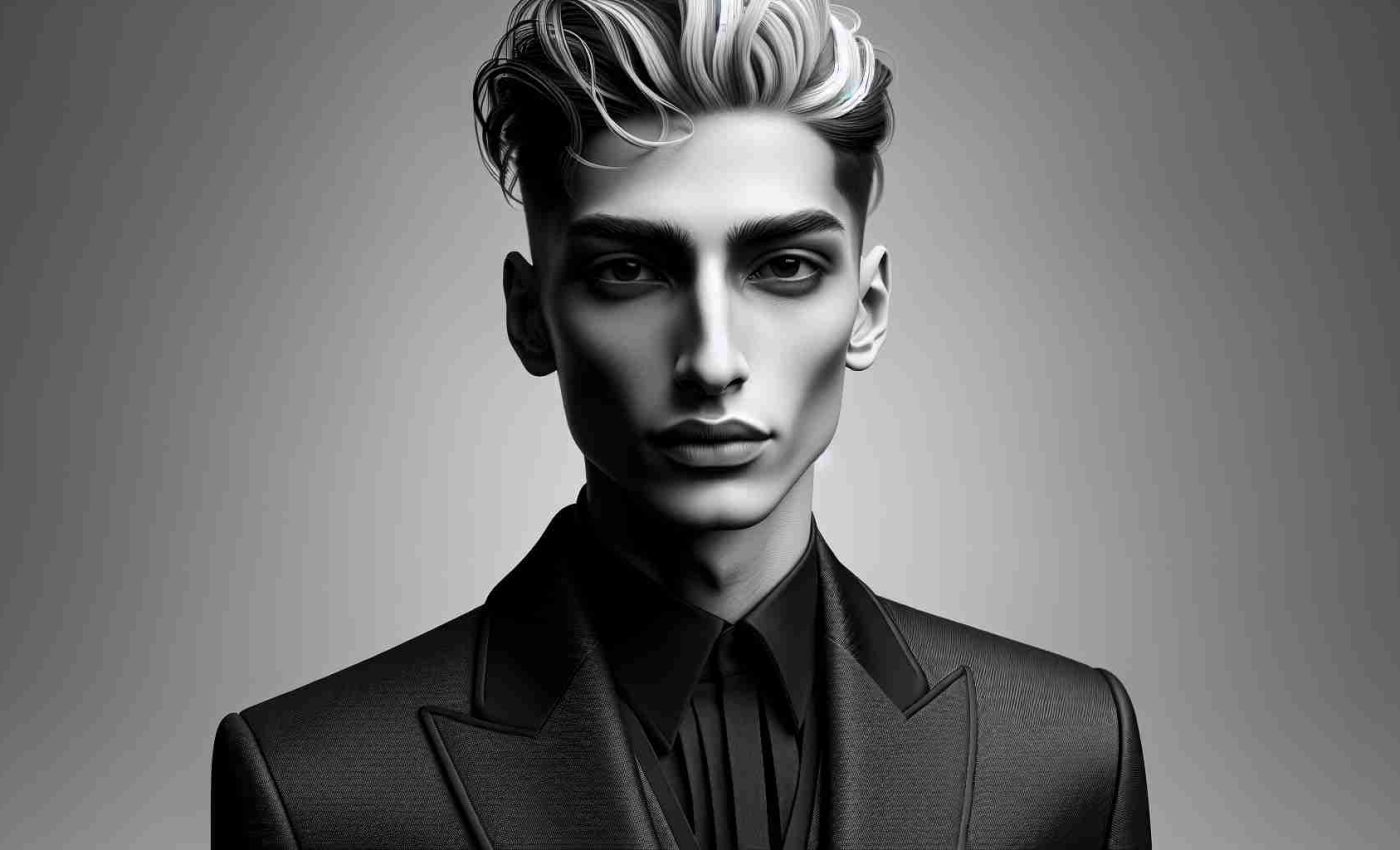 Realistic HD photo of a notable fashion designer with the same body type and gender as Haider Ackermann, celebrating cultural diversity in fashion. This designer is known for minimalist luxury designs, often with dark colors and fluid draping, and is seen wearing a monochrome suit showcasing their unique style.