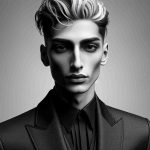 Realistic HD photo of a notable fashion designer with the same body type and gender as Haider Ackermann, celebrating cultural diversity in fashion. This designer is known for minimalist luxury designs, often with dark colors and fluid draping, and is seen wearing a monochrome suit showcasing their unique style.