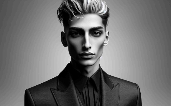 Realistic HD photo of a notable fashion designer with the same body type and gender as Haider Ackermann, celebrating cultural diversity in fashion. This designer is known for minimalist luxury designs, often with dark colors and fluid draping, and is seen wearing a monochrome suit showcasing their unique style.