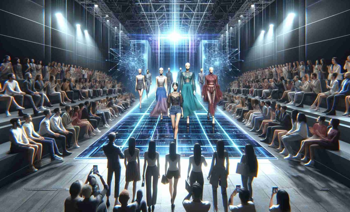 Generate a high-definition, realistic image that portrays the revolution of the fashion industry embracing digital runways. The image should capture the transition from traditional catwalks to digital platforms showcasing varied designs. It may include models of mixed gender and various descents, presenting an array of fashionable garments on a digital display. Also include fashion enthusiasts and industry professionals observing and interacting with the digital runway, signaling a dynamic shift towards the technological integration in fashion.