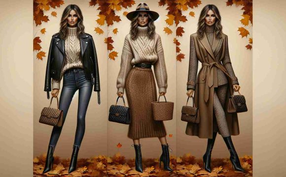 An HD image that portrays a woman's fashion evolution spanning through autumnal styles. The woman is a high-profile model with a tall, slender physique akin to a fashion runway model. She should be seen in three different outfit evolutions: firstly in a tailored leather jacket with skintight jeans and a classic autumn fedora; secondly in a cosy oversized knit sweater paired with midi woolen skirt and knee high boots; and finally in a high-fashion trench coat with a designer quilted handbag and pointed toe boots. Fall leaves in the backdrop for a seasonal setup.