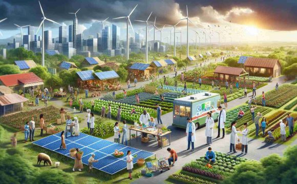 A high-definition image that portrays the concept of empowering communities through sustainable development and healthcare initiatives. This image should depict a vibrant and thriving community in a region that has transitioned to sustainable infrastructure, with solar panels, windmill farms, greenery and eco-friendly facilities. Humans are involved in various activities, with one group nurturing plants in a community garden, signaling sustainable development. Another group of diverse individuals (Hispanic female and Caucasian male) are seen providing healthcare services, demonstrating a mobile clinic with the doctors serving the community. Emphasis should be placed on the idea of community, progress, and wellness.