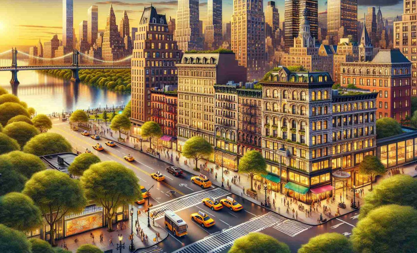 Create an realistic, high-definition illustration showcasing the timeless elegance of New York City. This includes the famous architectural structures like vintage brick building facades, wide streets lined with lush trees, the iconic yellow taxis, and the streets bustling with people of diverse descents. It also includes the River Hudson gleaming in the sunset, the radiant lights of Times Square in the evening, and the vast green expanse of Central Park.