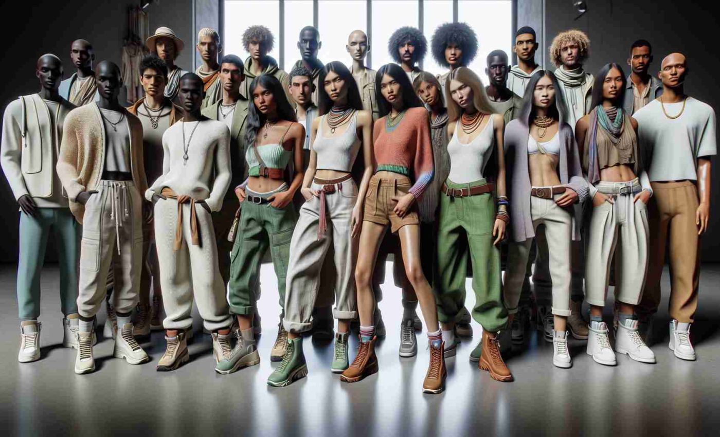 A hyper-realistic high-definition image depicting the exploration of the latest fashion trends focused on sustainable living. It showcases a diverse set of models, of various descents, like Caucasian, Hispanic, Black, Middle-Eastern, South Asian, demonstrating an assortment of fashion styles. Each model is wearing outfits made from eco-friendly materials such as organic cotton, recycled polyester, and plant-based dyes. The environment that they are in is modern and suggests a conscious lifestyle. Complementing their clothes are accessories made from repurposed materials.