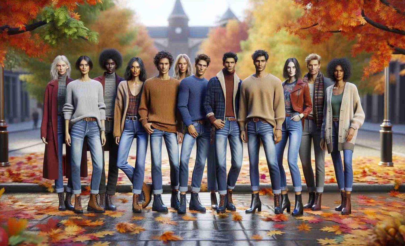 Realistic, high-definition image of a guide demonstrating how to style jeans for the Fall season in 2024. The guide should include a variety of jeans types such as skinny, straight-leg, and bootcut. It should also feature several types of fall-appropriate clothing items paired with the jeans, like cardigans, knit sweaters, and leather boots. A variety of models of different descents including Caucasian, Black, Hispanic, Middle-Eastern, and South Asian, and of both genders should be present, each showcasing a different outfit. The setting is in an outdoor location with a backdrop of brightly-colored fall leaves.