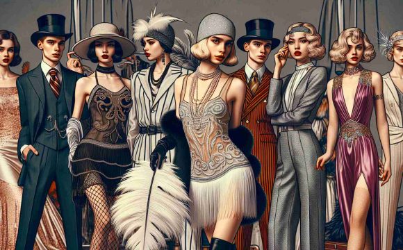 High-definition image illustrating the exploration of the legacy of vintage fashion icons. Present a scene that captures a mix of classic designer outfits from different eras, with people trying on various vintage styled costumes. Include elements like feathered hats of the Edwardian era on a Caucasian woman, the chic flapper dresses of the 1920s on an Asian woman, the bold, colorful mod looks of the 1960s on a Hispanic woman, and the glamorous disco fashion of the 70s on a Black woman. 