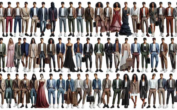 Detailed and high-definition image displaying a variety of fashion trends from the latest season. The image should contain several outfits, each unique in design and style. Showcase both masculine and feminine styles, with models from diverse descents such as Caucasian, Middle-Eastern, Hispanic, South Asian, and Black. The items of clothing might range from elegant gowns and suits to urban wear, and daily outfits, presented in an atmosphere of a bustling city or an elegant runway, indicating their place in contemporary fashion.