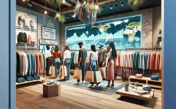 High-definition image of a transformable fashion retail setting. The scene depicts several clothing racks filled with garments made from sustainable materials like organic cotton, recycled polyester, and bamboo. In the background, there is an info-board highlighting the importance of embracing sustainable practices in fashion. The walls are adorned with eco-friendly decorations. A diverse group of customers, including a Middle-Eastern man, a Black woman, a South Asian woman, and a Caucasian man, are browsing through the clothing, with reusable shopping bags in their hands. Throughout the store, signs emphasize environmental awareness.