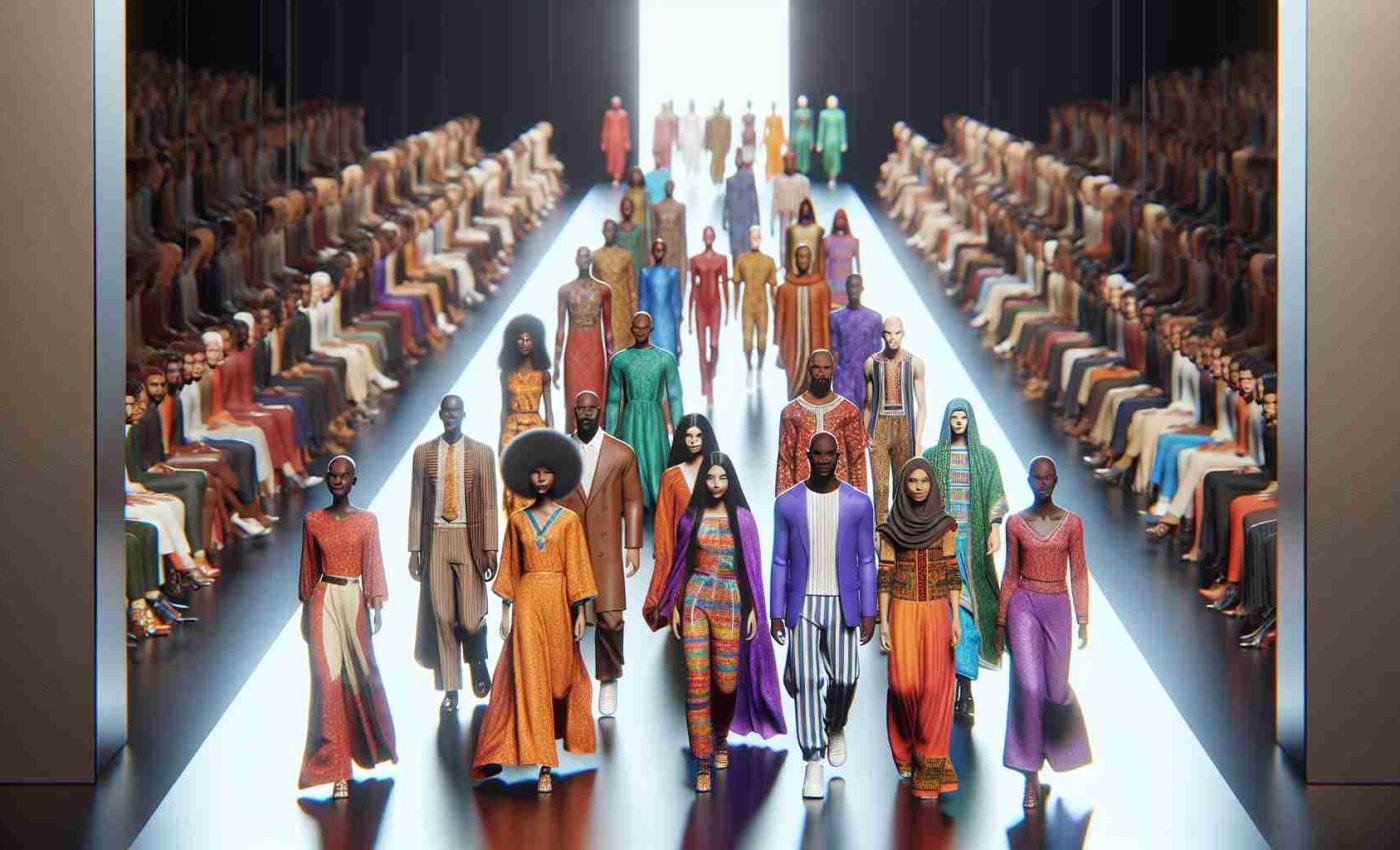 A realistic, high-definition image of a hypothetical fashion show in 2025 that centers around diversity and inclusivity. The runway is vibrant and the models represent a variety of descents and genders. It's not connected to any specific brand, but it exudes a sense of luxury and elegance. Models of various builds and heights, Caucasian, Black, Hispanic, Middle-Eastern, South Asian, are strutting confidently on the catwalk, showing off a collection that celebrates variety in fashion and body positivity.