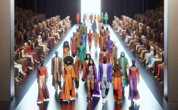 A realistic, high-definition image of a hypothetical fashion show in 2025 that centers around diversity and inclusivity. The runway is vibrant and the models represent a variety of descents and genders. It's not connected to any specific brand, but it exudes a sense of luxury and elegance. Models of various builds and heights, Caucasian, Black, Hispanic, Middle-Eastern, South Asian, are strutting confidently on the catwalk, showing off a collection that celebrates variety in fashion and body positivity.