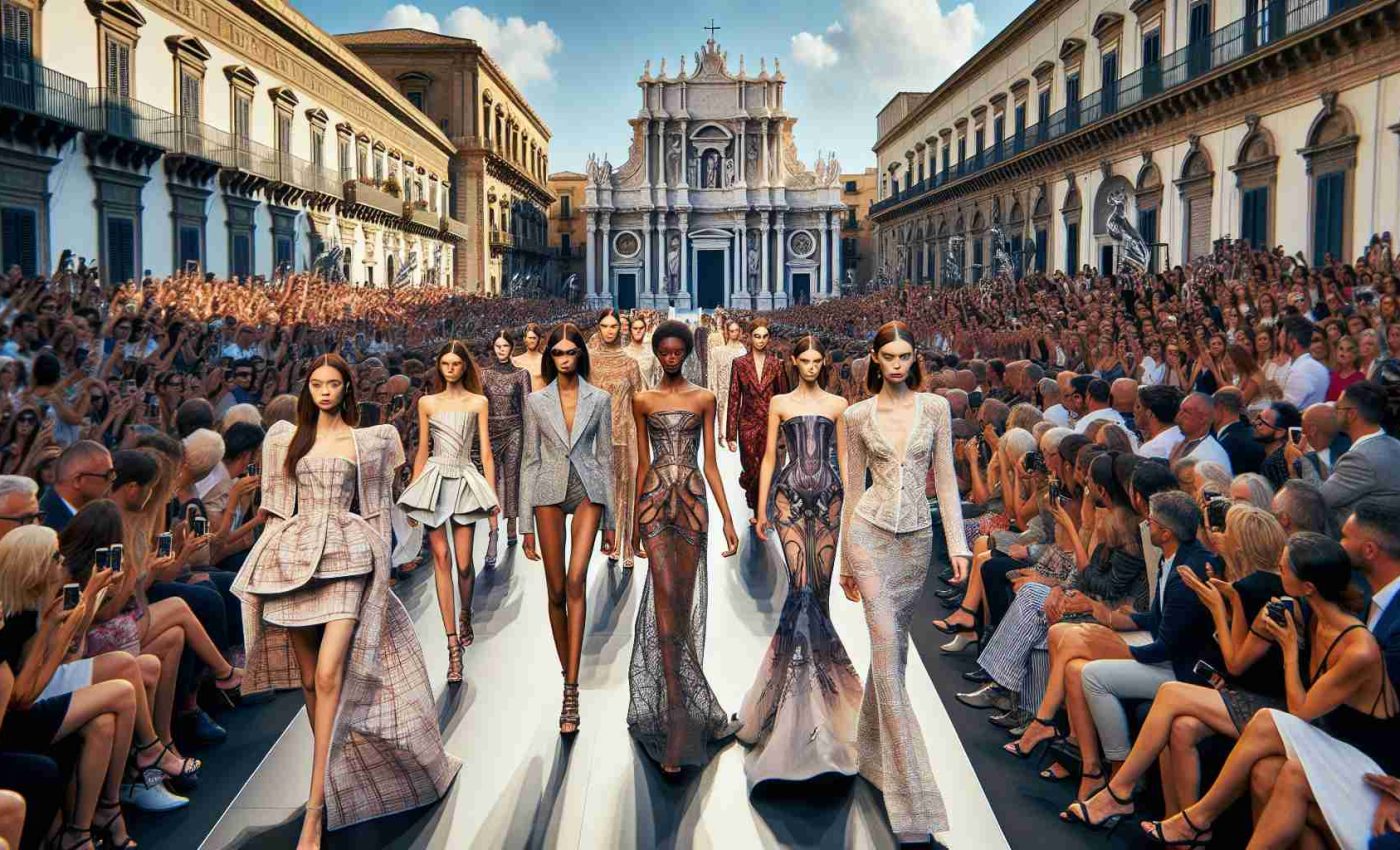 Craft a realistic, high-definition representation of a ground-breaking fashion show in Catania, Italy. Picture a well-lit runway underneath the open sky. On the catwalk, a diverse group of models proudly strut the stage. Imagine an Asian woman wearing a fantastically structured dress, a Caucasian man showcasing a daring suit, and a Hispanic woman decked out in an avant-garde ensemble. The crowd surrounding them is a mix of spellbound audience members, diligent photographers and passionate fashion enthusiasts. The backdrop features famous Sicilian architecture, adding a captivating mix of old world charm with forward-thinking fashion.