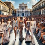 Craft a realistic, high-definition representation of a ground-breaking fashion show in Catania, Italy. Picture a well-lit runway underneath the open sky. On the catwalk, a diverse group of models proudly strut the stage. Imagine an Asian woman wearing a fantastically structured dress, a Caucasian man showcasing a daring suit, and a Hispanic woman decked out in an avant-garde ensemble. The crowd surrounding them is a mix of spellbound audience members, diligent photographers and passionate fashion enthusiasts. The backdrop features famous Sicilian architecture, adding a captivating mix of old world charm with forward-thinking fashion.