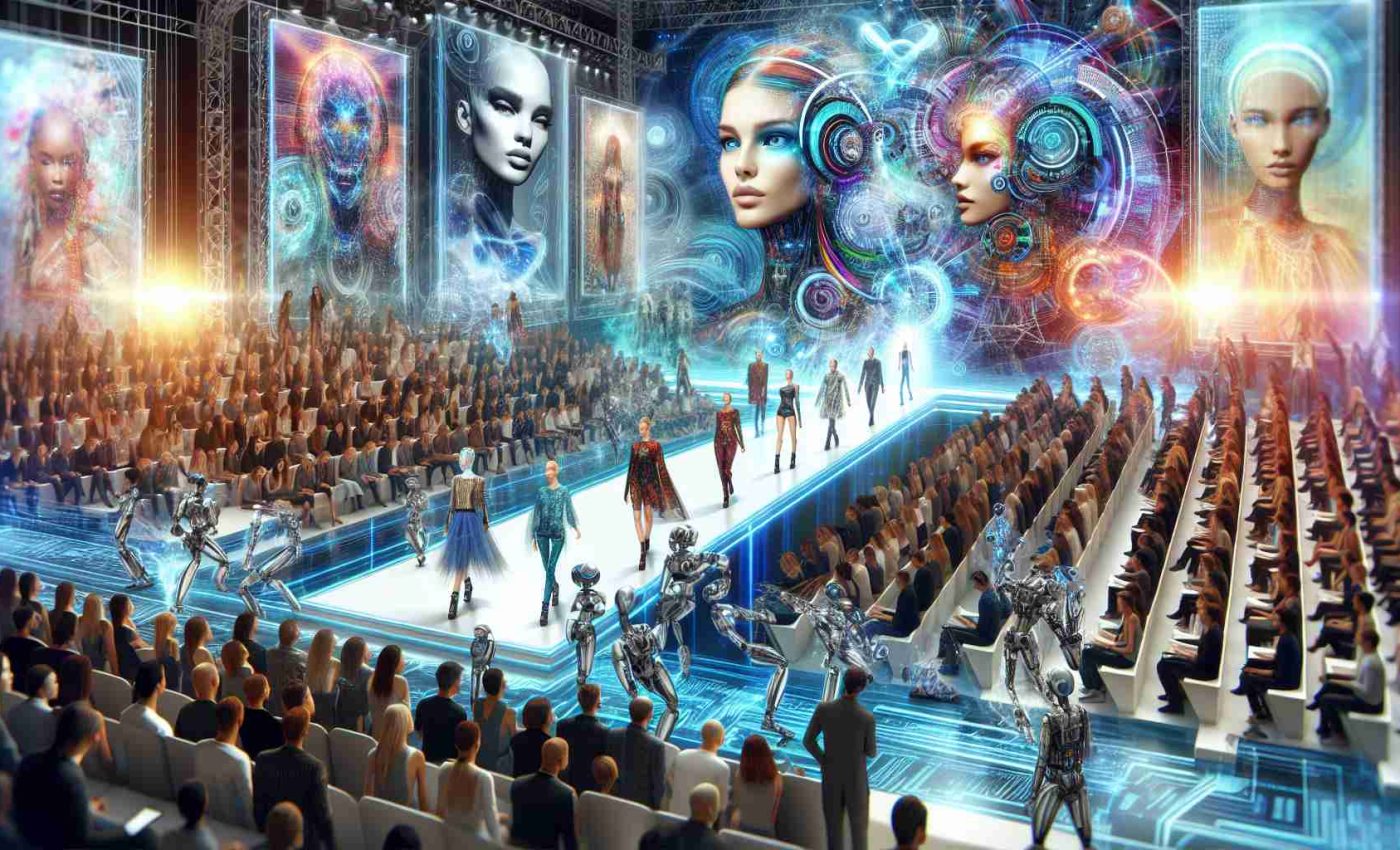 A detailed, high-definition portrait showcasing the future of the fashion industry. Picture a bright, highly-technological runway, various models of different genders and descents wearing futuristic, avant-garde clothing with the use of sustainable materials. In the audience, spectators are dazzled by these collections while interacting via holographic interfaces. On the backdrop, digital billboards display bold and innovative designs, and robots assist in prepping models backstage, symbolizing the fusion of tech and fashion. This image is swirling with sustainability, technology, and diversity, encapsulating the revolutionary future of the fashion industry.