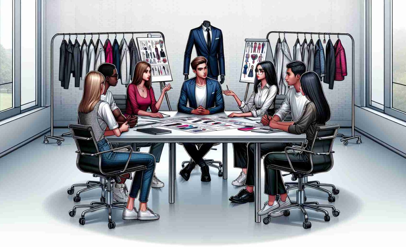 A high-definition, realistic depiction of a scene encapsulating concerns being raised regarding tax credits in the fashion industry. Illustrate this as an animated round-table discussion with a diverse group of fashion industry professionals -- a Caucasian female designer, a Black male brand manager, and a Middle-Eastern female financial analyst -- expressing their concerns. Add elements suggesting they are in a fashion studio, like sketches, fabric swatches, and mannequins around them. Please avoid identifying or famous individuals.