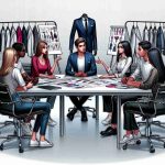 A high-definition, realistic depiction of a scene encapsulating concerns being raised regarding tax credits in the fashion industry. Illustrate this as an animated round-table discussion with a diverse group of fashion industry professionals -- a Caucasian female designer, a Black male brand manager, and a Middle-Eastern female financial analyst -- expressing their concerns. Add elements suggesting they are in a fashion studio, like sketches, fabric swatches, and mannequins around them. Please avoid identifying or famous individuals.