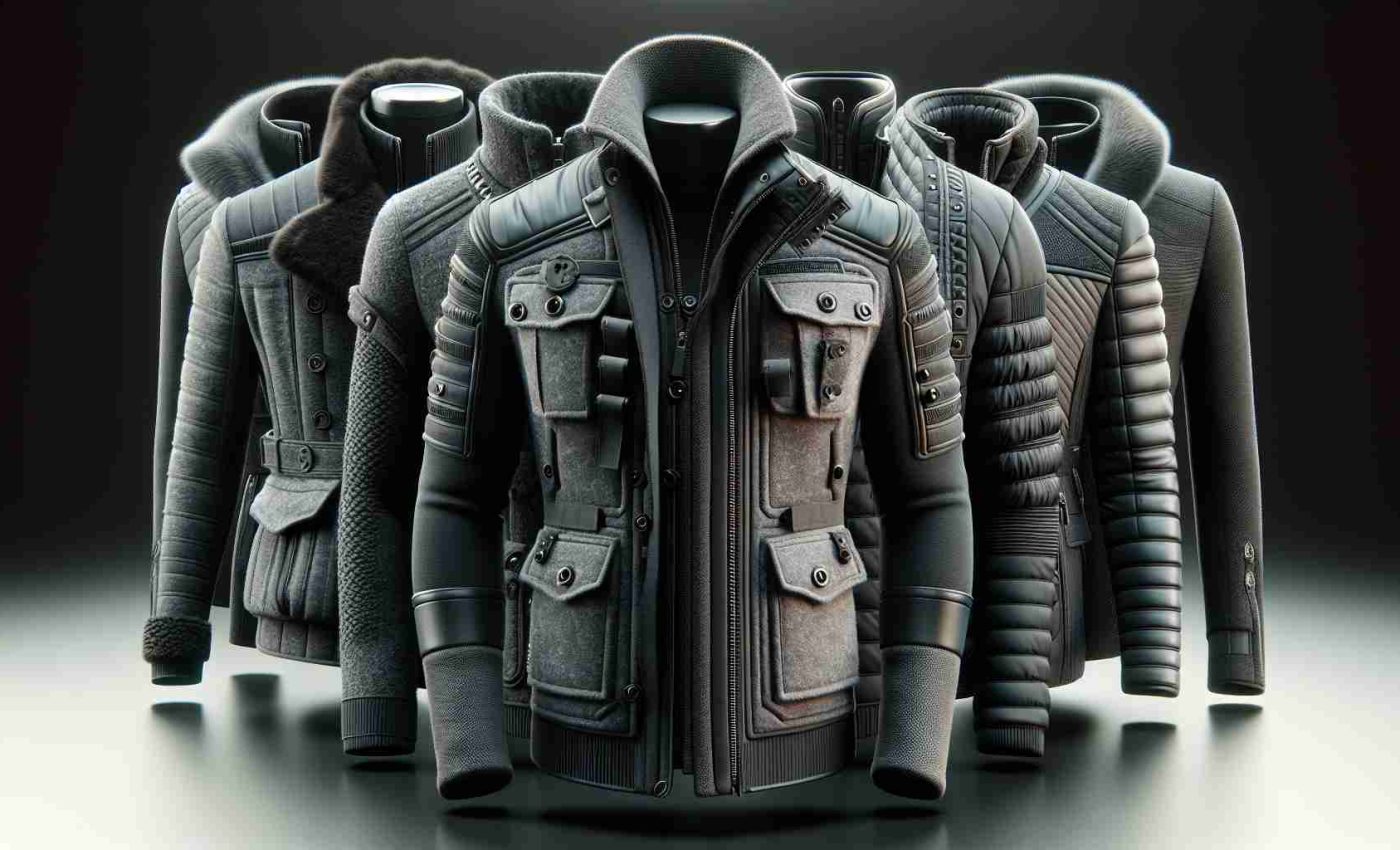 Realistic high-definition image of a selection of innovative jackets for the fall/winter season. The collection is characterized by cutting-edge designs, luxurious fabrics, and a sophisticated color palette including shades of grey, black, and navy. Each item in the collection is meticulously detailed with elements such as textured buttons, faux fur collars, and intricate stitching patterns. Imagine this collection displayed in a high-end boutique, with each jacket perfectly illuminated under soft, ambient lighting.