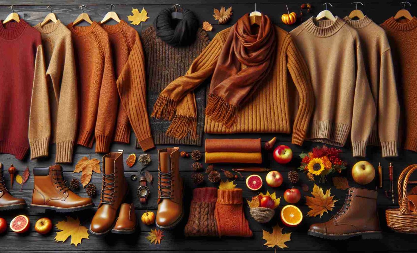 High-definition, realistic representation of contemporary autumn fashion trends, focusing on the incorporation and celebration of warm colors. Concept should include an array of practical, comfortable clothing items such as cozy sweaters, scarves, and stylish boots. They all are in vibrant warm colors such as burnt orange, sunrise yellows, deep reds, and rich browns. Layout should also portray the feel of autumn by incorporating elements like falling leaves, pine cones and autumn fruits in the background.