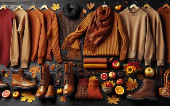 High-definition, realistic representation of contemporary autumn fashion trends, focusing on the incorporation and celebration of warm colors. Concept should include an array of practical, comfortable clothing items such as cozy sweaters, scarves, and stylish boots. They all are in vibrant warm colors such as burnt orange, sunrise yellows, deep reds, and rich browns. Layout should also portray the feel of autumn by incorporating elements like falling leaves, pine cones and autumn fruits in the background.