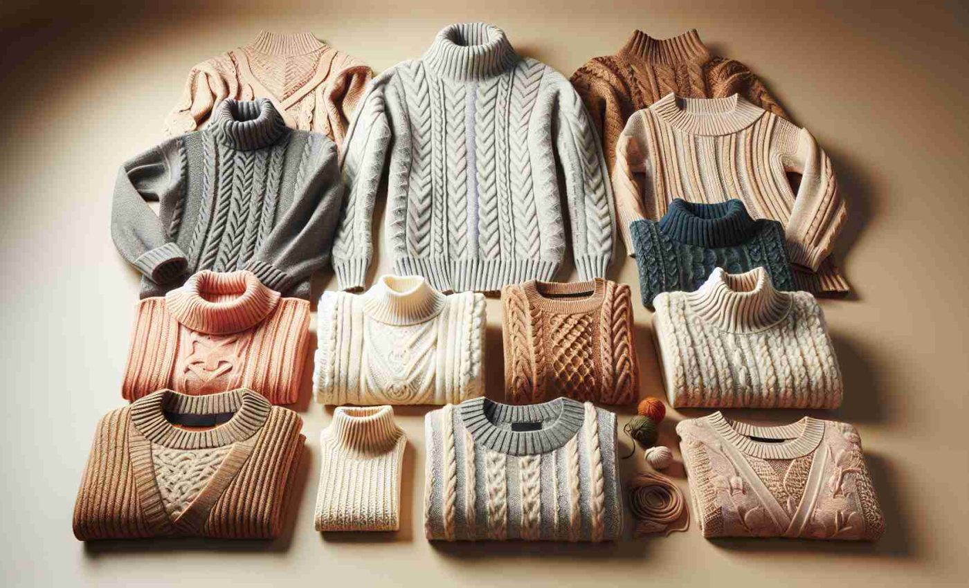 Produce a realistic, high-definition image showcasing an arrangement of cozy sweaters as a timeless wardrobe essential. Include a range of different sweater styles such as cable knit, ribbed, and turtleneck, all exhibited in a variety of colors. Create an inviting, warm atmosphere reflective of the comfort and utility these garments provide, along with their long-lasting fashionable appeal.