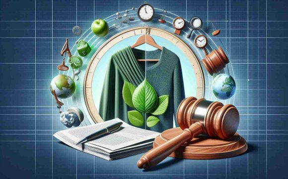 A high-definition, realistic illustration related to the concept that effective rules and regulations are crucial to the sustainable transition in the fashion industry. The image can include various symbolic elements such as a green clothing piece symbolizing eco-friendly fashion, a gavel representing enforcement of rules, and a traditional analog clock indicating transition or change over time.