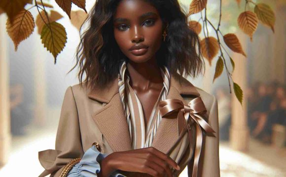 Generate a high definition, realistic image of a woman showcasing the ribbon trend for Fall 2024. She is elegantly dressed in season-appropriate apparel accented with tasteful ribbons. The woman can be of Black descent, possessing subtle grace and charm. The environment around her should evoke the feeling of autumn, with falling leaves and warm tones.