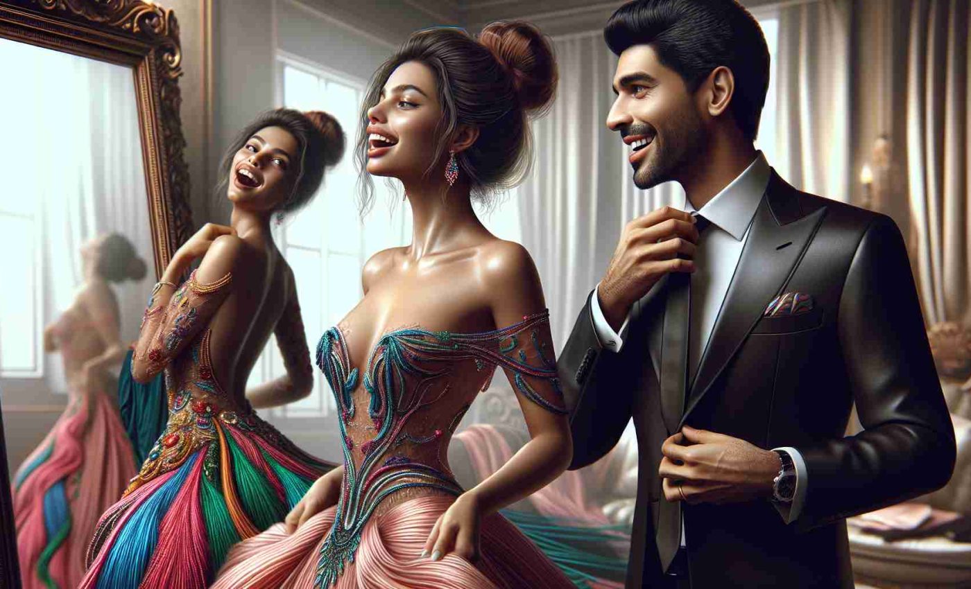 High-definition realistic image of a scene depicting the joy of dressing up. A South Asian man in an elegantly tailored suit, carefully adjusting his tie in front of a mirror, and a Hispanic woman, gracefully draping a colorful evening gown over her physique, their faces beaming with anticipation and excitement as they prepare for a formal event. Include details such as lush fabrics, precise stitching, and ornate accessories to emphasize the luxurious nature of the outfits.