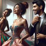 High-definition realistic image of a scene depicting the joy of dressing up. A South Asian man in an elegantly tailored suit, carefully adjusting his tie in front of a mirror, and a Hispanic woman, gracefully draping a colorful evening gown over her physique, their faces beaming with anticipation and excitement as they prepare for a formal event. Include details such as lush fabrics, precise stitching, and ornate accessories to emphasize the luxurious nature of the outfits.