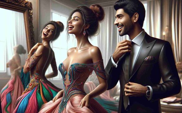 High-definition realistic image of a scene depicting the joy of dressing up. A South Asian man in an elegantly tailored suit, carefully adjusting his tie in front of a mirror, and a Hispanic woman, gracefully draping a colorful evening gown over her physique, their faces beaming with anticipation and excitement as they prepare for a formal event. Include details such as lush fabrics, precise stitching, and ornate accessories to emphasize the luxurious nature of the outfits.