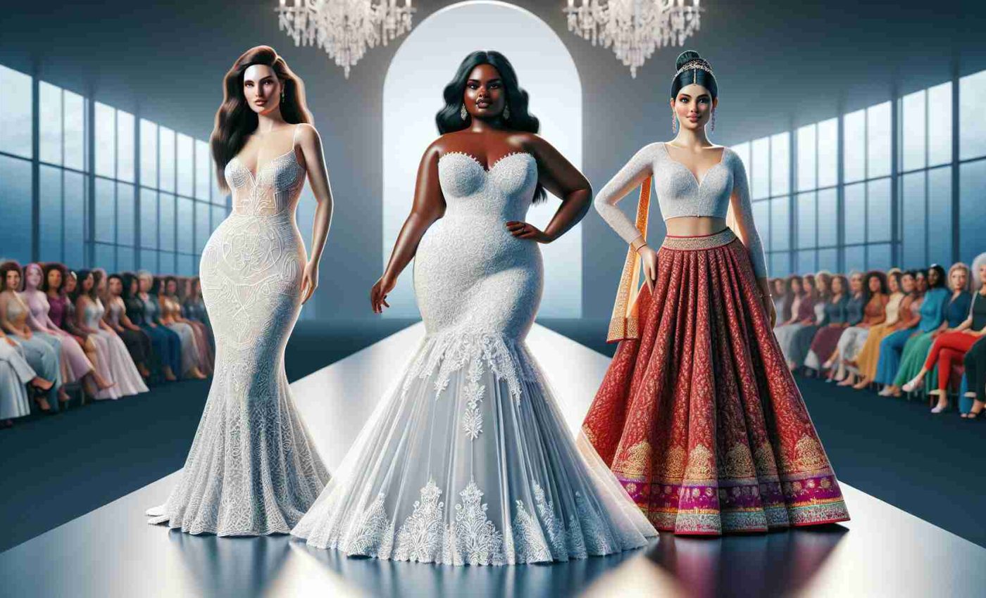 Realistic HD image depicting an empowering scene of curvy brides who are making a fashion statement against body shaming. Include different body types and ethnic backgrounds. A Caucasian bride standing confidently in an intricately designed white lace wedding gown. Alongside her, a Black bride, radiating self-assurance in a contemporary style wedding dress. Another detail to include is a South Asian bride who has chosen a traditional red lehenga, asserting body positivity as well. Set the scene on a runway to illustrate the concept of a fashion statement and the celebration of diversity.