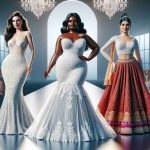 Realistic HD image depicting an empowering scene of curvy brides who are making a fashion statement against body shaming. Include different body types and ethnic backgrounds. A Caucasian bride standing confidently in an intricately designed white lace wedding gown. Alongside her, a Black bride, radiating self-assurance in a contemporary style wedding dress. Another detail to include is a South Asian bride who has chosen a traditional red lehenga, asserting body positivity as well. Set the scene on a runway to illustrate the concept of a fashion statement and the celebration of diversity.