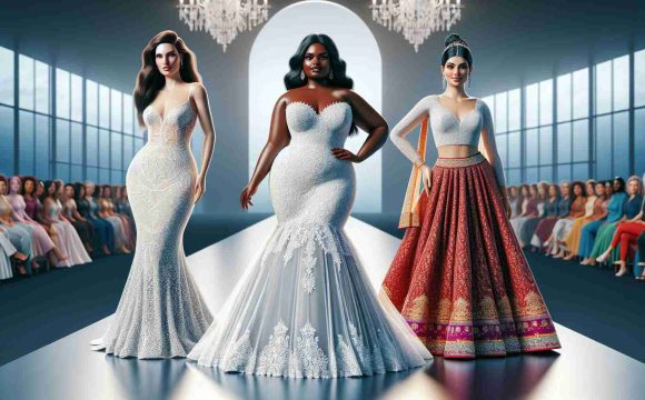 Realistic HD image depicting an empowering scene of curvy brides who are making a fashion statement against body shaming. Include different body types and ethnic backgrounds. A Caucasian bride standing confidently in an intricately designed white lace wedding gown. Alongside her, a Black bride, radiating self-assurance in a contemporary style wedding dress. Another detail to include is a South Asian bride who has chosen a traditional red lehenga, asserting body positivity as well. Set the scene on a runway to illustrate the concept of a fashion statement and the celebration of diversity.