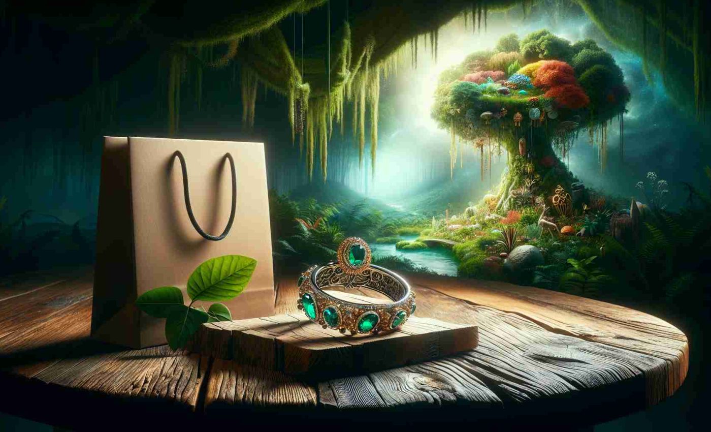 A high-definition, realistic scene emphasizing sustainability as a solution to the luxury crisis. The composition could showcase eco-friendly luxury goods, like an ornate piece of jewelry made from recycled materials, sitting on a reclaimed wooden table. The background is an aura of greenery, portraying a lush forest full of biodiversity to symbolize the concept of sustainability. A discerning, eco-friendly shopping bag resides on the table, illustrating the idea of sustainable consumerism. The vivid colors of the scene emphasize both the beauty and the importance of environmentally conscious luxury.