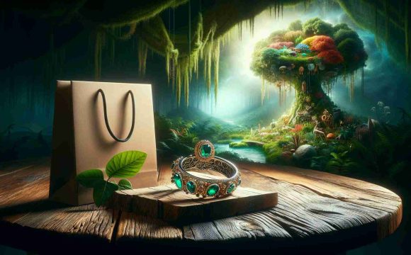 A high-definition, realistic scene emphasizing sustainability as a solution to the luxury crisis. The composition could showcase eco-friendly luxury goods, like an ornate piece of jewelry made from recycled materials, sitting on a reclaimed wooden table. The background is an aura of greenery, portraying a lush forest full of biodiversity to symbolize the concept of sustainability. A discerning, eco-friendly shopping bag resides on the table, illustrating the idea of sustainable consumerism. The vivid colors of the scene emphasize both the beauty and the importance of environmentally conscious luxury.