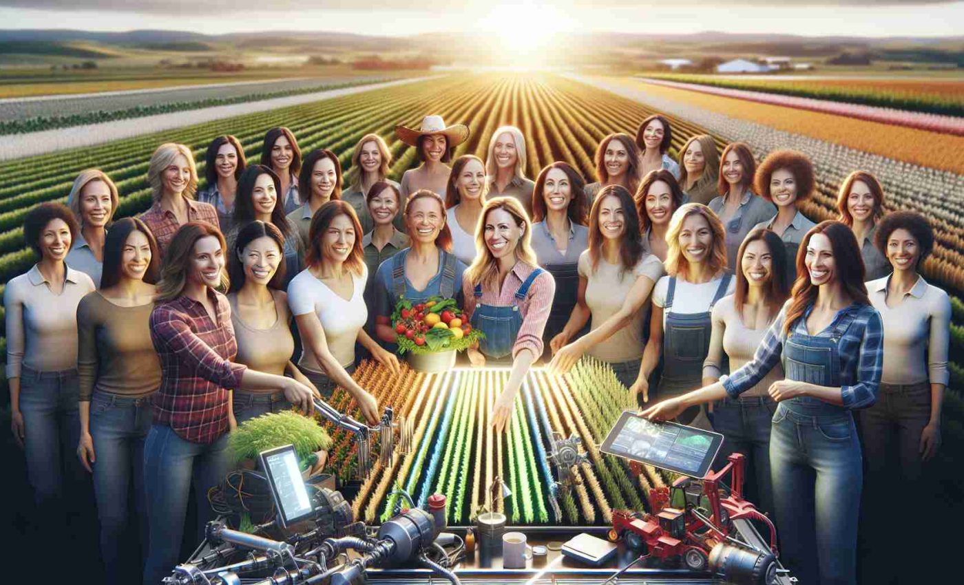 A high-definition, realistic photograph depicting a group of female farmers of various descents including Caucasians, Hispanics, and South Asians. The image reflects a moment of celebration and acknowledges their innovative farming methods and dedication to sustainability. There are bright smiles on their faces, reflecting the sun onto the fields of flourishing crops. They are interacting with a variety of farming tools and equipment that embody innovation and eco-friendliness. In the background, there are expansive farmlands, illustrating a successful harvest and honoring the women's hard work and commitment to environmental sustainability.