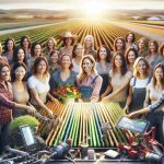 A high-definition, realistic photograph depicting a group of female farmers of various descents including Caucasians, Hispanics, and South Asians. The image reflects a moment of celebration and acknowledges their innovative farming methods and dedication to sustainability. There are bright smiles on their faces, reflecting the sun onto the fields of flourishing crops. They are interacting with a variety of farming tools and equipment that embody innovation and eco-friendliness. In the background, there are expansive farmlands, illustrating a successful harvest and honoring the women's hard work and commitment to environmental sustainability.