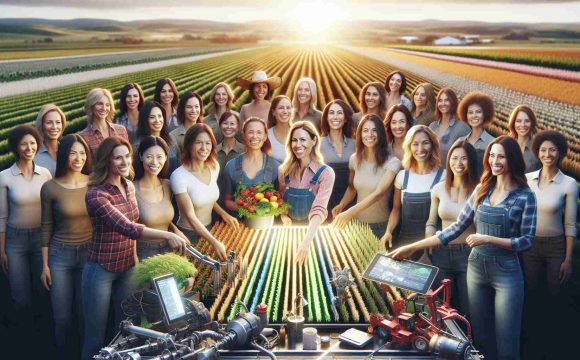 A high-definition, realistic photograph depicting a group of female farmers of various descents including Caucasians, Hispanics, and South Asians. The image reflects a moment of celebration and acknowledges their innovative farming methods and dedication to sustainability. There are bright smiles on their faces, reflecting the sun onto the fields of flourishing crops. They are interacting with a variety of farming tools and equipment that embody innovation and eco-friendliness. In the background, there are expansive farmlands, illustrating a successful harvest and honoring the women's hard work and commitment to environmental sustainability.