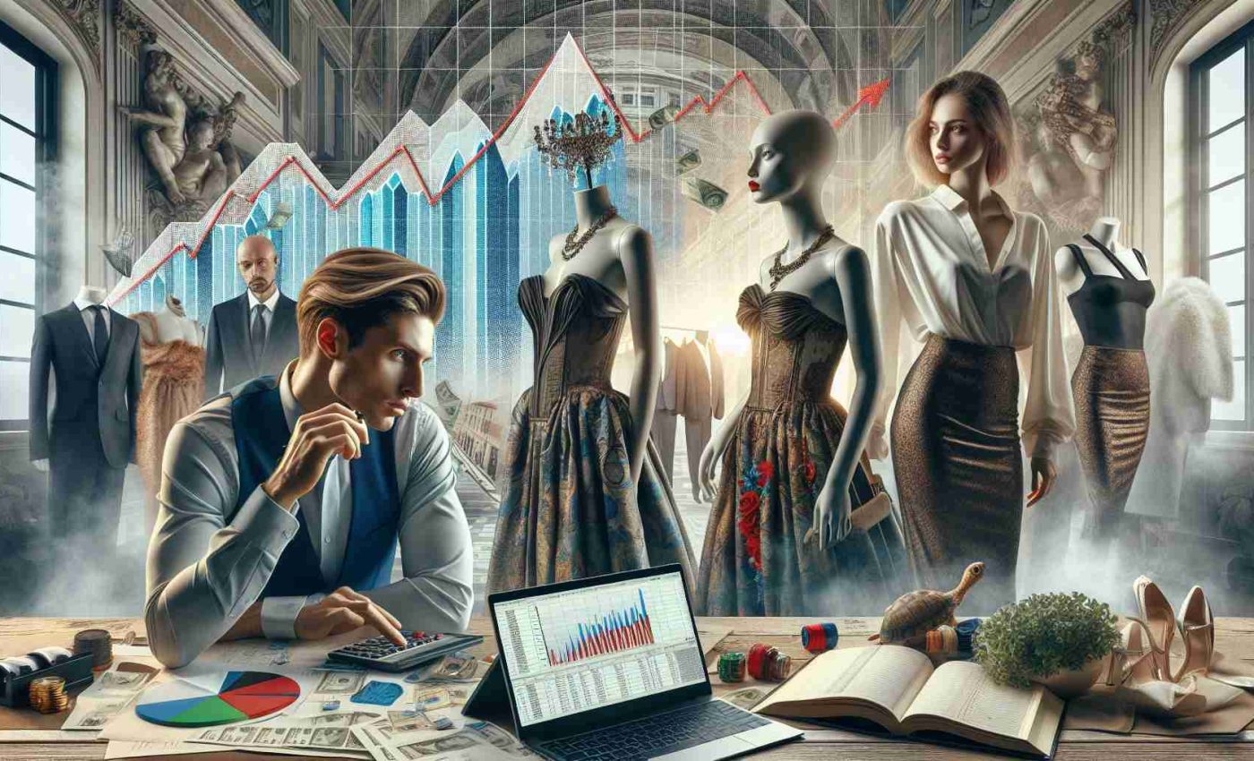 Highly detailed, Realistic image representing the concept of the Italian fashion industry facing challenges amidst economic transition. The scene includes a Caucasian male fashion designer, looking pensively at a mannequin wearing a couture dress— an embodiment of traditional Italian fashion. Nearby, a backdrop with graphs depicting a declining economy and a laptop with multiple open tabs, perhaps research for new fashion trends, reflecting the transitional situation. A female, Hispanic store manager, wearing a chic ensemble, balances accounts on a ledger, her face embodying determination to keep the business afloat. The image should capture the uncertainties and resilience in the industry.