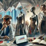 Highly detailed, Realistic image representing the concept of the Italian fashion industry facing challenges amidst economic transition. The scene includes a Caucasian male fashion designer, looking pensively at a mannequin wearing a couture dress— an embodiment of traditional Italian fashion. Nearby, a backdrop with graphs depicting a declining economy and a laptop with multiple open tabs, perhaps research for new fashion trends, reflecting the transitional situation. A female, Hispanic store manager, wearing a chic ensemble, balances accounts on a ledger, her face embodying determination to keep the business afloat. The image should capture the uncertainties and resilience in the industry.