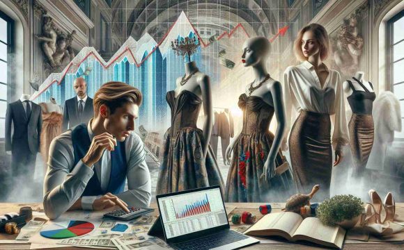 Highly detailed, Realistic image representing the concept of the Italian fashion industry facing challenges amidst economic transition. The scene includes a Caucasian male fashion designer, looking pensively at a mannequin wearing a couture dress— an embodiment of traditional Italian fashion. Nearby, a backdrop with graphs depicting a declining economy and a laptop with multiple open tabs, perhaps research for new fashion trends, reflecting the transitional situation. A female, Hispanic store manager, wearing a chic ensemble, balances accounts on a ledger, her face embodying determination to keep the business afloat. The image should capture the uncertainties and resilience in the industry.